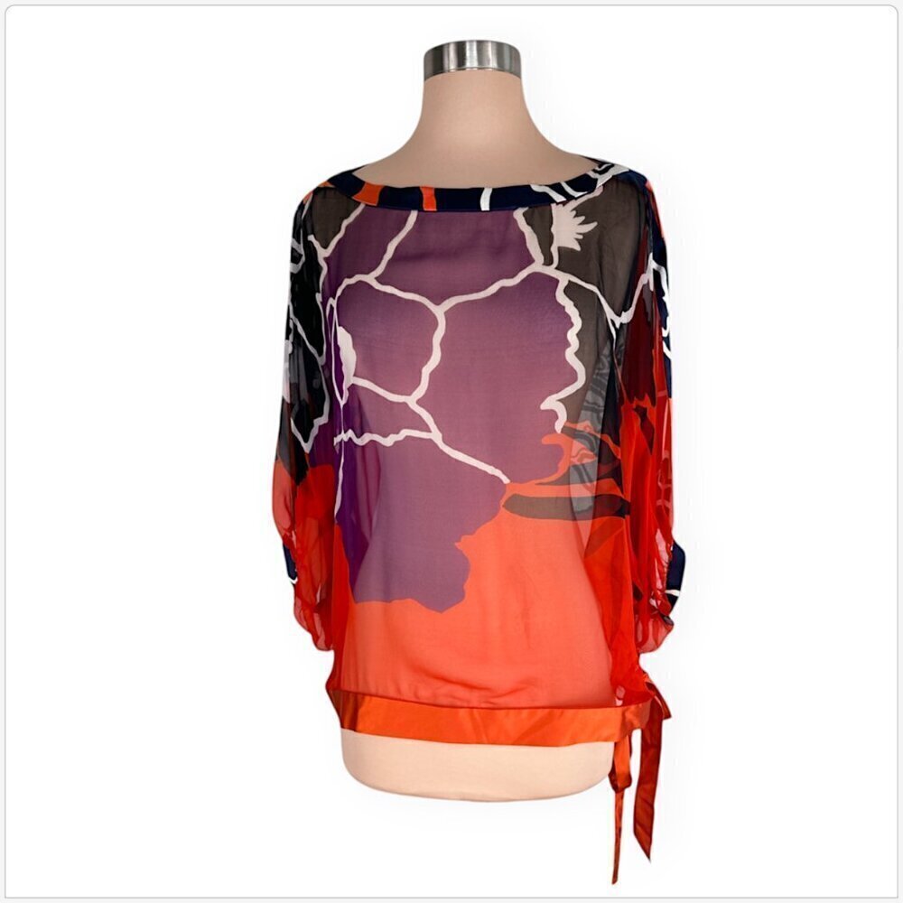 Elie Tahari Colorful Sheer Silk Floral Pattern Kimono Style Top Blouse L